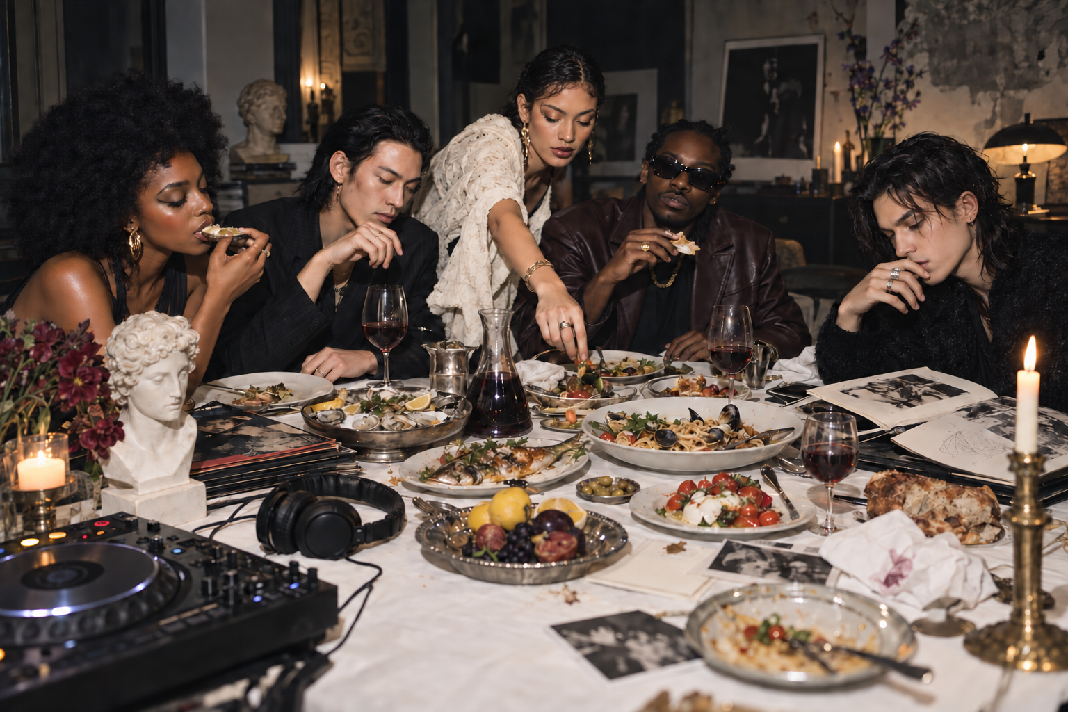 Artists sharing a meal around a table with music equipment nearby